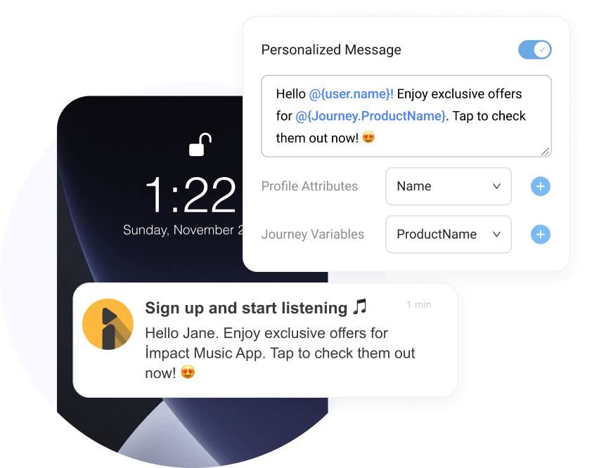 Interface showing a message template with dynamic placeholders for user name and product name. Below, a smartphone lock screen displays the resulting personalized notification: "Hello Jane. Enjoy exclusive offers for Impact Music App."