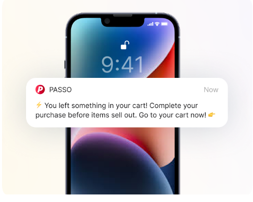 iPhone lock screen showing a Passo push notification reminding the user about an abandoned cart before items sell out.