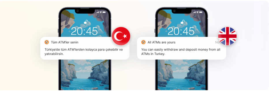Two phone screens showing the same ATM withdrawal push notification in Turkish and English, demonstrating localized messaging.