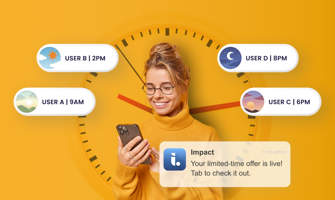 Woman checking her phone at different times of day, illustrating personalized send-time push notifications with a "limited-time offer" alert example.