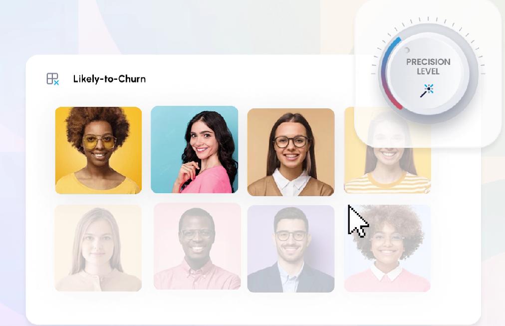 UI mockup of a 'Likely-to-Churn' customer segment showing a grid of eight profile photos (some highlighted, some faded to indicate selection) alongside a 'Precision Level' dial control in the top right.