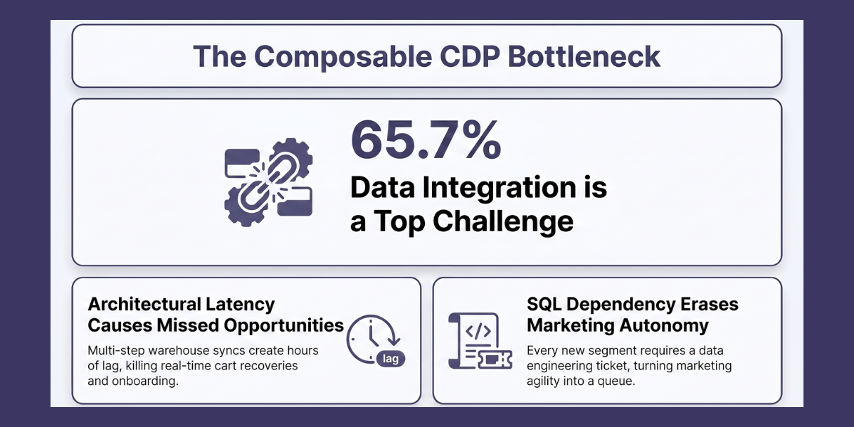 Infographic on composable CDP bottlenecks: 65.7% cite data integration as top challenge, causing architectural latency that delays real-time actions and SQL dependency that limits marketing autonomy.