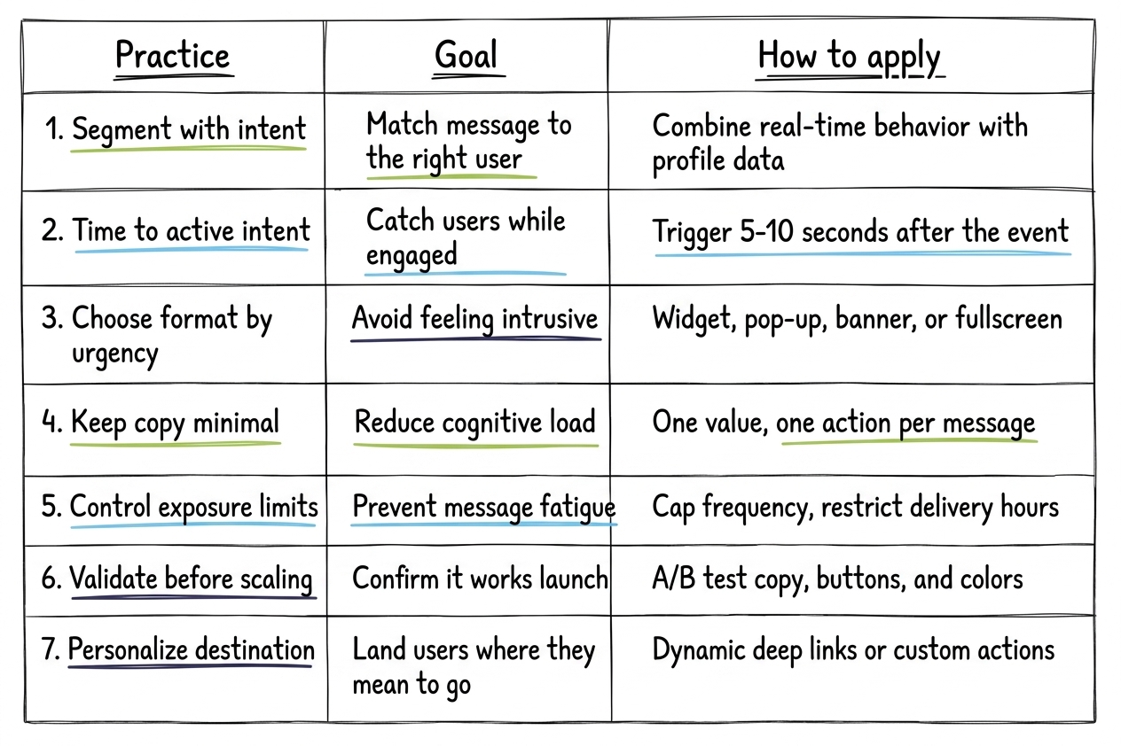 Hand-drawn table of 7 best practices for in-app messaging, each with its goal and how to apply it: segmenting with intent, timing to active intent, choosing format by urgency, minimal copy, exposure limits, validating before scaling, and personalizing the destination.