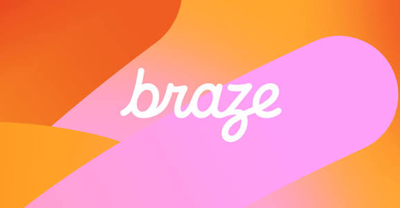 Braze logo in white script lettering on a vibrant orange-to-pink gradient background.