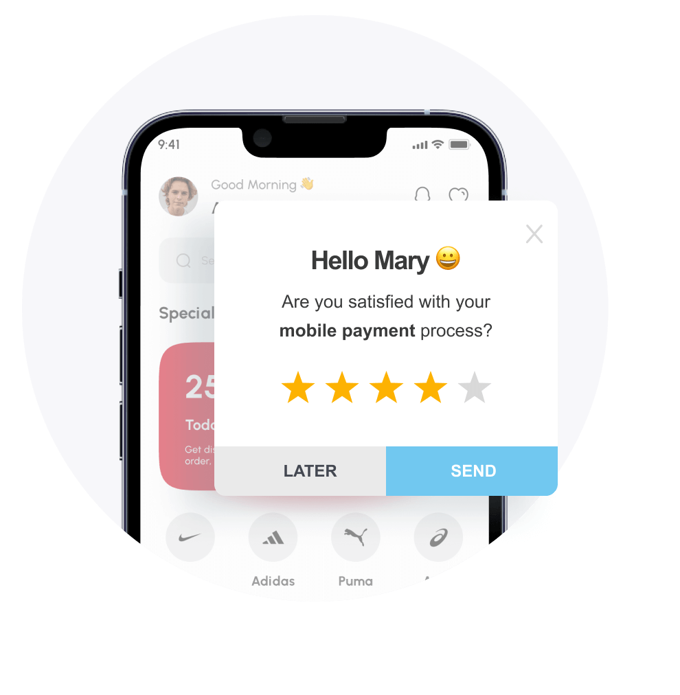 Mobile app popup asking "Hello Mary" to rate satisfaction with mobile payment process using a 5-star scale, with Later and Send buttons.