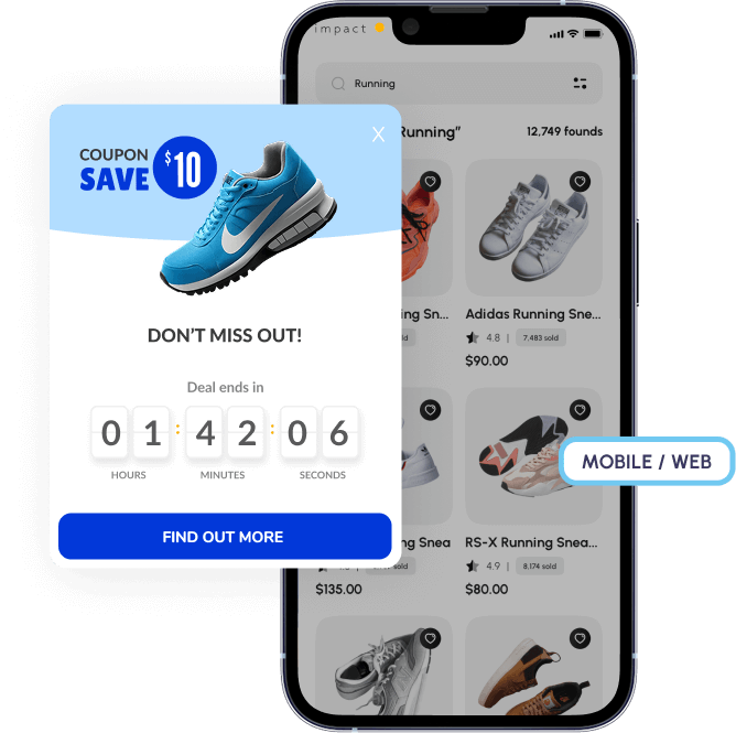 Mobile and web popup showing a $10 coupon for a Nike shoe with a countdown timer and "Find Out More" button, next to a running shoe search results screen.