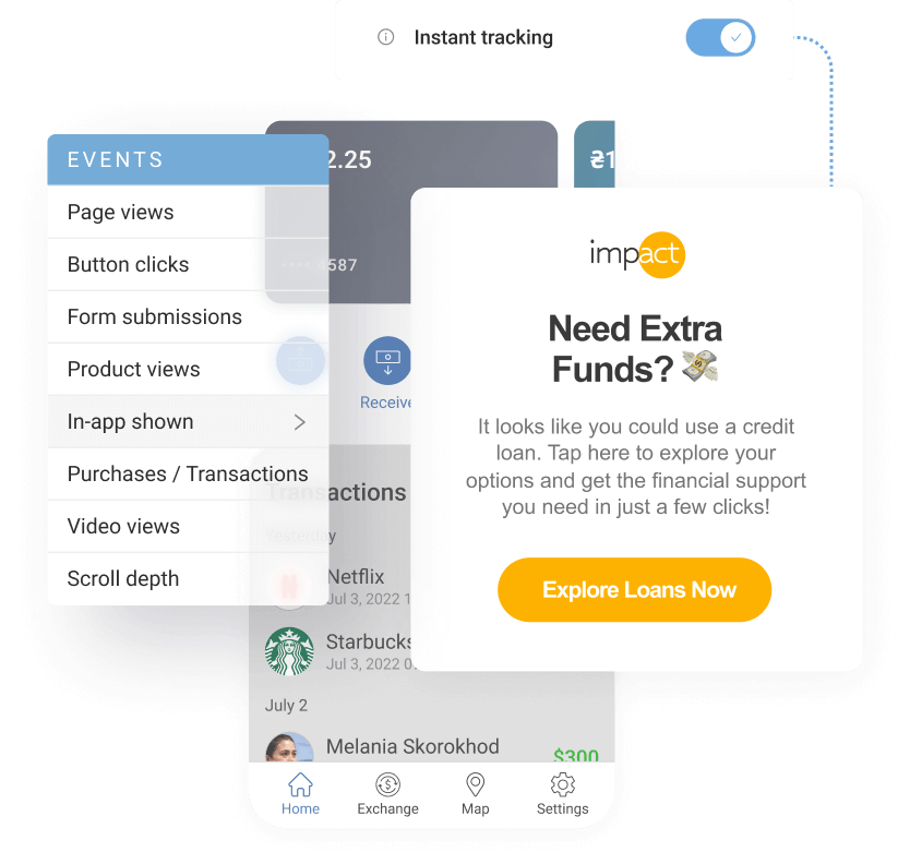 Mobile app screen showing an Events tracking menu (page views, button clicks, purchases, etc.) beside an in-app message example offering a credit loan with an "Explore Loans Now" button.