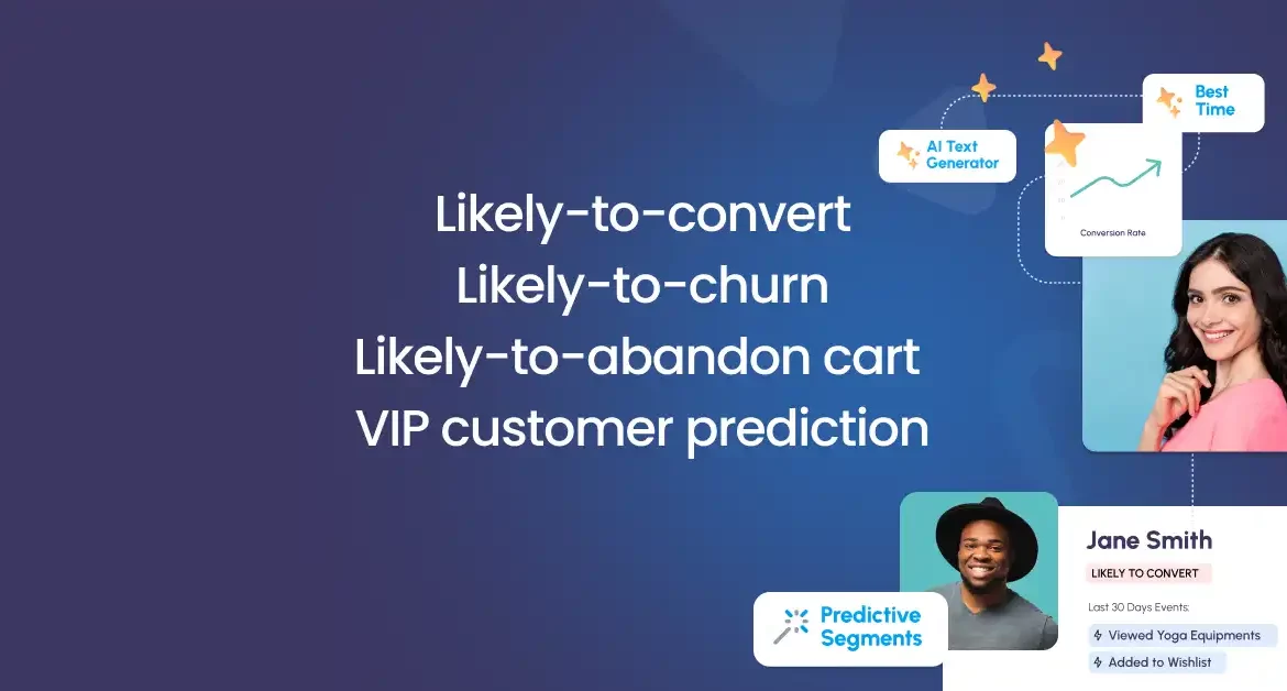 Graphic listing AI-powered predictive segments: likely-to-convert, likely-to-churn, likely-to-abandon-cart, and VIP customer prediction, alongside a sample customer profile card.