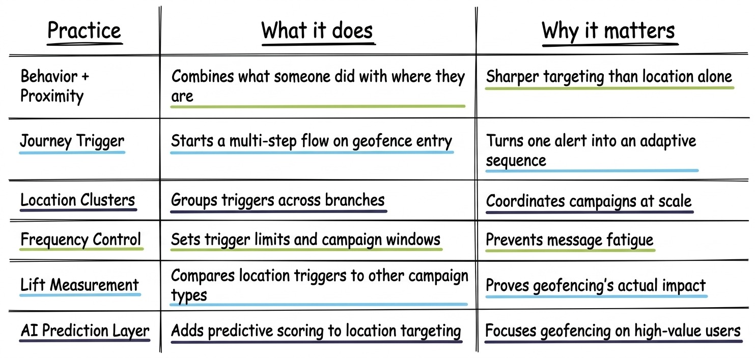 Three-column table listing six geofencing practices (Behavior + Proximity, Journey Trigger, Location Clusters, Frequency Control, Lift Measurement, AI Prediction Layer) alongside what each does and why it matters.