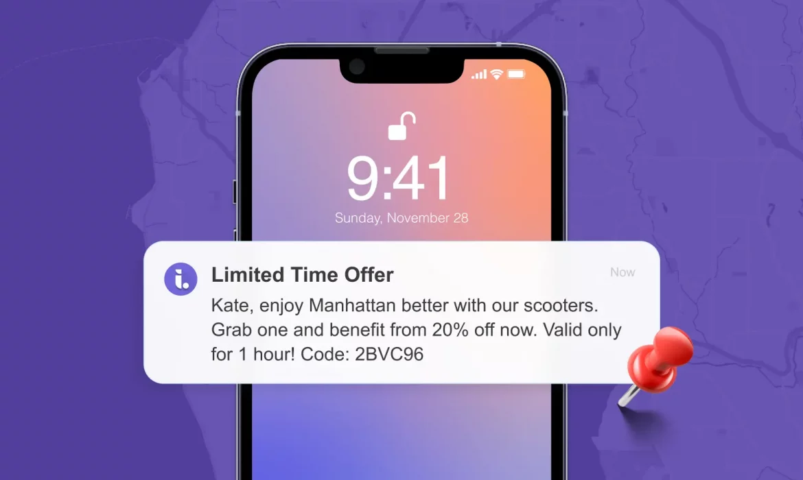 iPhone lock screen showing a purple map background with a red pin, displaying a "Limited Time Offer" push notification: "Kate, enjoy Manhattan better with our scooters. Grab one and benefit from 20% off now. Valid only for 1 hour! Code: 2BVC96."