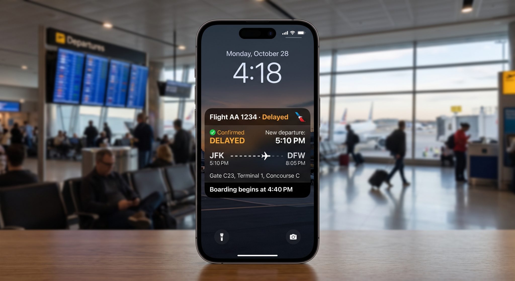 iPhone lock screen showing a live flight status notification for delayed Flight AA 1234 from JFK to DFW, with new departure time, gate info, and boarding time, held up in a busy airport terminal.