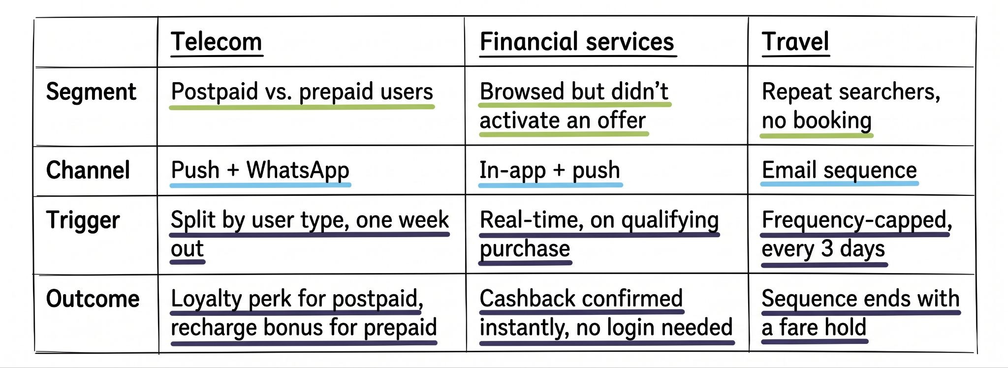 Table comparing telecom, financial services and travel across segment, channel, trigger and outcome, such as loyalty perks for postpaid users, instant cashback confirmation and an email sequence ending in a fare hold.