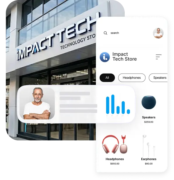 Illustration of the Impact Tech Store: a storefront with a profile card of a man in a white shirt, next to a mobile app screen showing headphones, speakers and earphones with prices, a search bar and category filters.