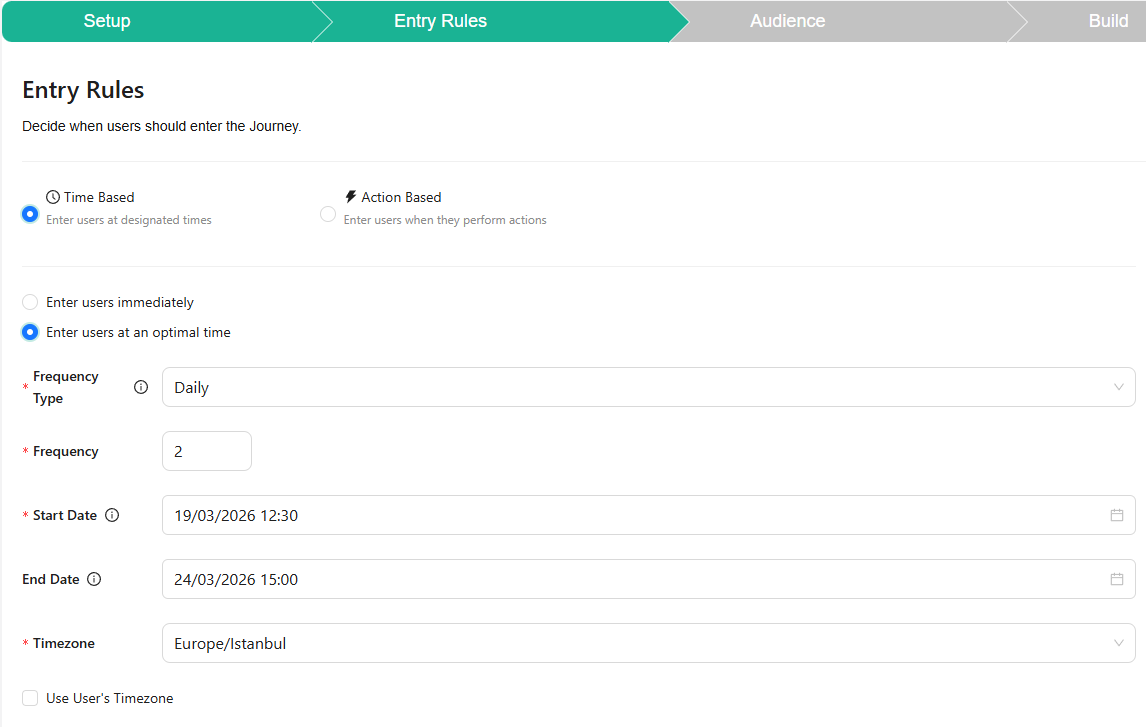 Netmera journey builder screen on the Entry Rules step. Time Based entry is selected with users entering at an optimal time, daily frequency of 2, from 19/03/2026 12:30 to 24/03/2026 15:00, timezone Europe/Istanbul.